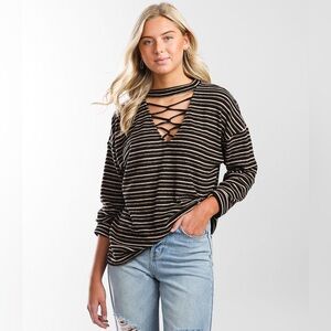 Gilded Intent Neutral Oversized Striped Strappy Sweater